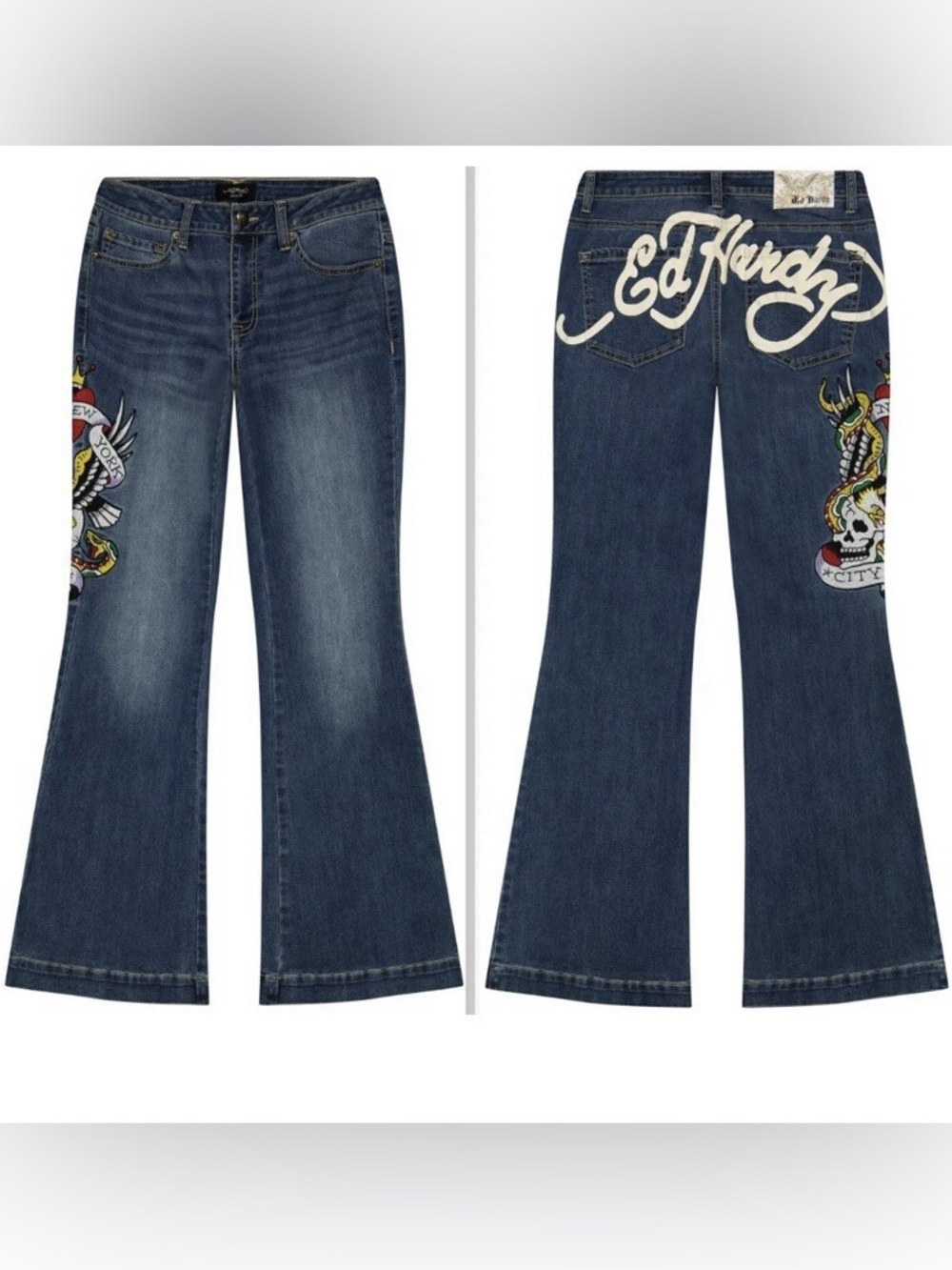 Ed Hardy Women's Size 34 NYC Eagle Slim Flare Denim Jeans Medium Vintage Wash